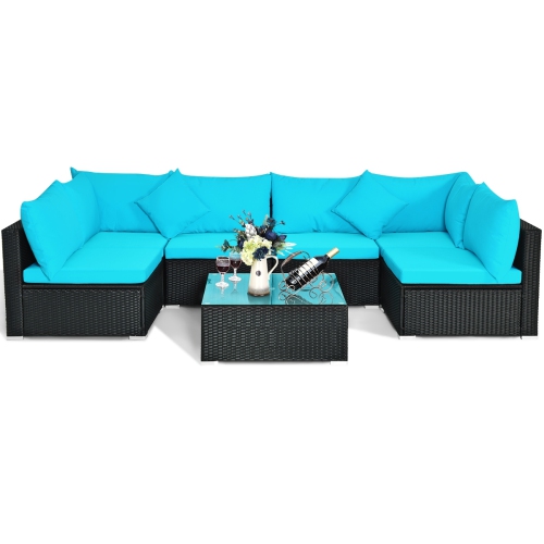 7-Piece Wicker Patio Sofa Set with Cushions, Pillows - Outdoor Furniture