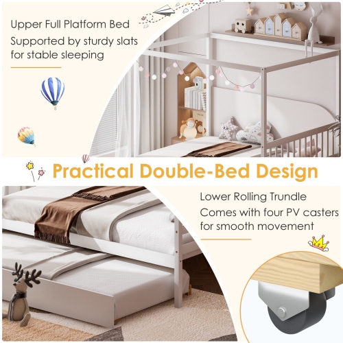 Kids Canopy Bed Frame with Trundle and Headboard – Metal Bed with Underbed Sleeper