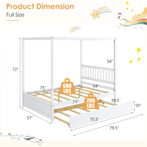 Kids Canopy Bed Frame with Trundle and Headboard – Metal Bed with Underbed Sleeper