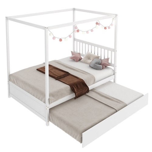 Kids Canopy Bed Frame with Trundle and Headboard – Metal Bed with Underbed Sleeper