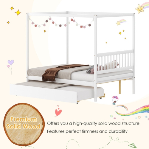 Kids Canopy Bed Frame with Trundle and Headboard – Metal Bed with Underbed Sleeper