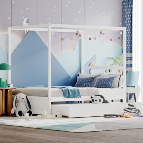 Kids Canopy Bed Frame with Trundle and Headboard – Metal Bed with Underbed Sleeper