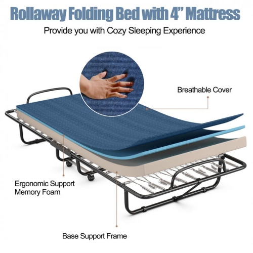 Rollaway Guest Bed with Sturdy Steel Frame and Memory Foam Mattress