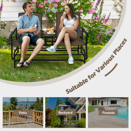 2-Person Outdoor Double Rocking Loveseat with Breathable Mesh Seats and Built-In Tempered Glass Table