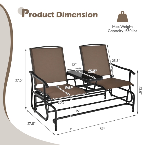 2-Person Outdoor Double Rocking Loveseat with Breathable Mesh Seats and Built-In Tempered Glass Table