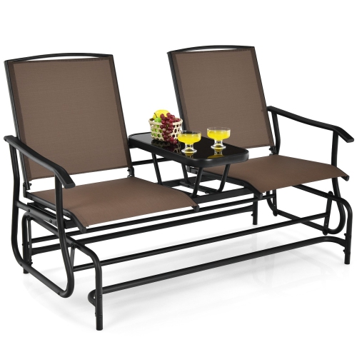 2-Person Outdoor Double Rocking Loveseat with Breathable Mesh Seats and Built-In Tempered Glass Table