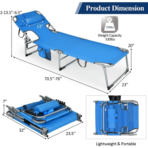 Folding Beach Lounge Chair with Pillow for Outdoor-Blue