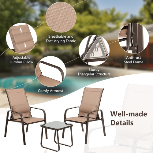 Outdoor 3-Piece Bistro Set with Adjustable Backrest Chairs and Table, Stackable Design