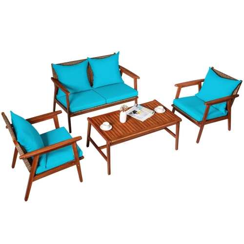 SLICKBLUE  4 Pieces Acacia Wood Patio Rattan Furniture Set-Turquoise
