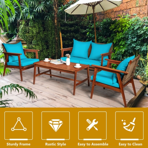 4 Pieces Acacia Wood Patio Rattan Furniture Set-Turquoise