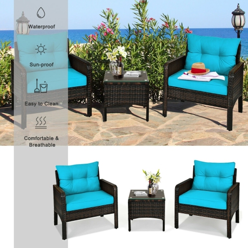 3-Piece Outdoor Rattan Patio Set with Cushioned Chairs and Table for Garden or Balcony