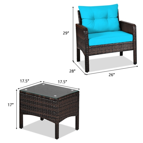 3-Piece Outdoor Rattan Patio Set with Cushioned Chairs and Table for Garden or Balcony