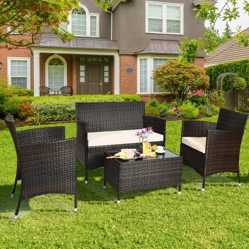 4-Piece Outdoor Rattan Sofa Set with Comfortable Cushions, Glass Coffee Table