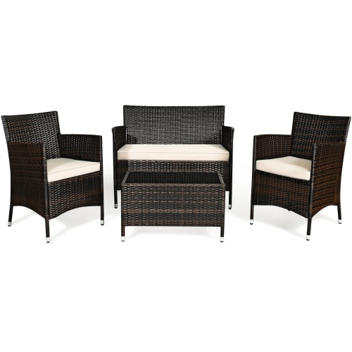 4-Piece Outdoor Rattan Sofa Set with Comfortable Cushions, Glass Coffee Table