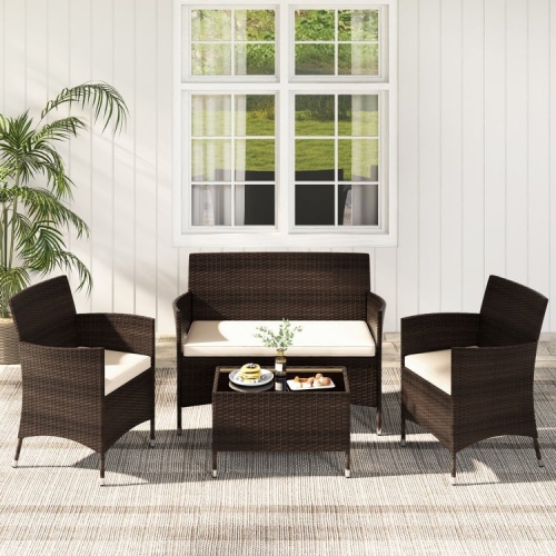 4-Piece Outdoor Rattan Sofa Set with Comfortable Cushions, Glass Coffee Table