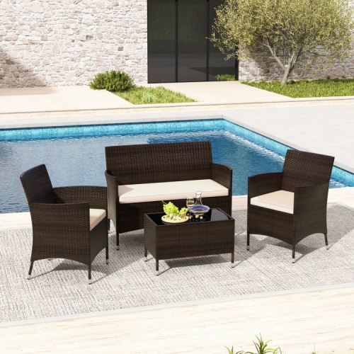 4-Piece Outdoor Rattan Sofa Set with Comfortable Cushions, Glass Coffee Table
