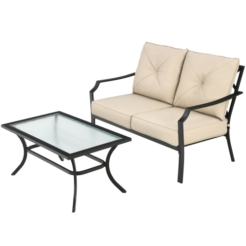 SLICKBLUE  2 Pieces Patio Outdoor Cushioned Sofa Bench With Coffee Table-Beige