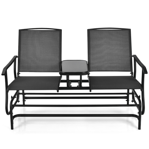 2-Person Outdoor Double Rocking Loveseat with Breathable Mesh Seats and Built-In Tempered Glass Table