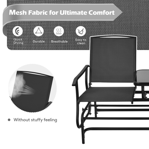 2-Person Outdoor Double Rocking Loveseat with Breathable Mesh Seats and Built-In Tempered Glass Table