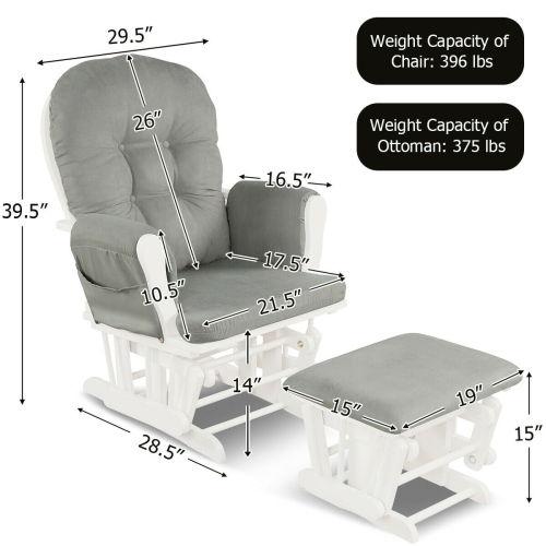 Solid Wood Gliding Chair Set with Pockets and Ottoman for Relaxing-Light Gray