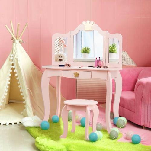 Table à langer pour enfants avec miroir repliable en trois sections et tabouret rose
