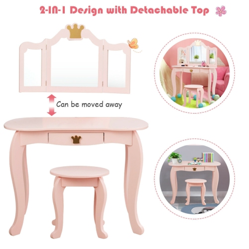 Table à langer pour enfants avec miroir repliable en trois sections et tabouret rose