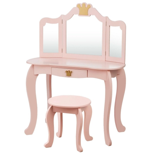 Table à langer pour enfants avec miroir repliable en trois sections et tabouret rose