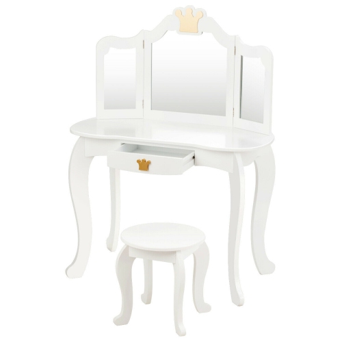 SLICKBLUE  Kids Makeup Dressing Table With Tri-Folding Mirror And Stool-White