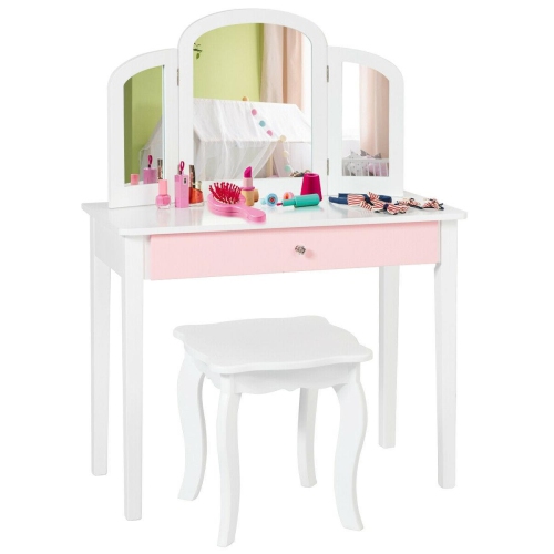 Table à langer princesse pour enfant avec miroir repliable en trois sections et chaise - Blanc