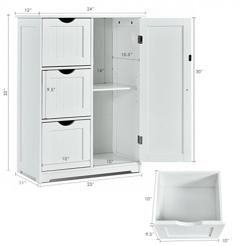 Bathroom Floor Cabinet Side Storage Cabinet with 3 Drawers and 1 Cupboard
