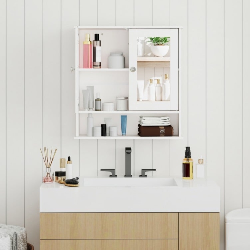 Armoire murale miroir pour salle de bain avec portes doubles et tablette de rangement ouverte