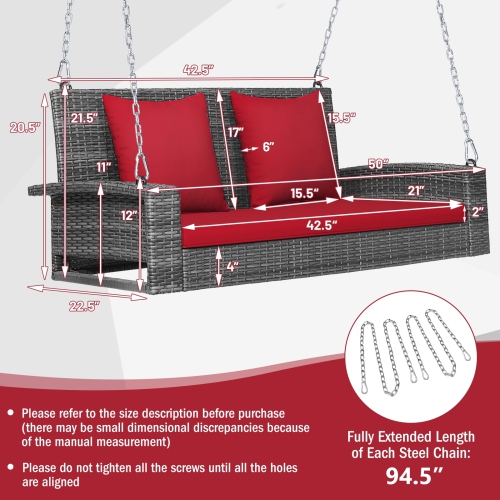 2-Person Patio PE Wicker Hanging Porch Swing Bench Chair Cushion 800 Pounds