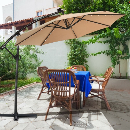 10 ft 360Â° Rotation Solar Powered LED Patio Offset Umbrella without Weight Base-Beige
