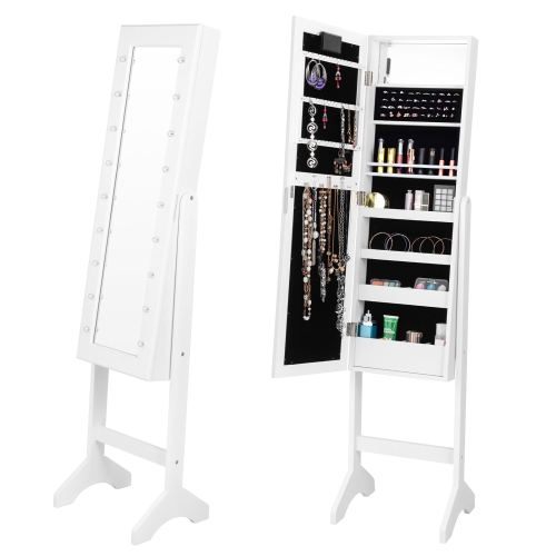 SLICKBLUE  Mirrored Jewelry Cabinet Armoire Organizer W/ Led Lights-White