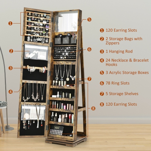 Lockable 2-in-1 Jewelry Cabinet with 360° Rotation and Full-Length Mirror