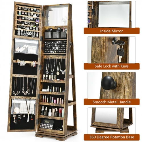 Lockable 2-in-1 Jewelry Cabinet with 360° Rotation and Full-Length Mirror