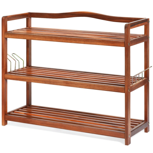 Acacia Wood Shoe Rack with Side Metal Hooks