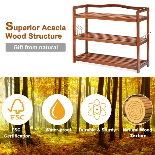 Acacia Wood Shoe Rack with Side Metal Hooks