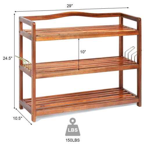 Acacia Wood Shoe Rack with Side Metal Hooks