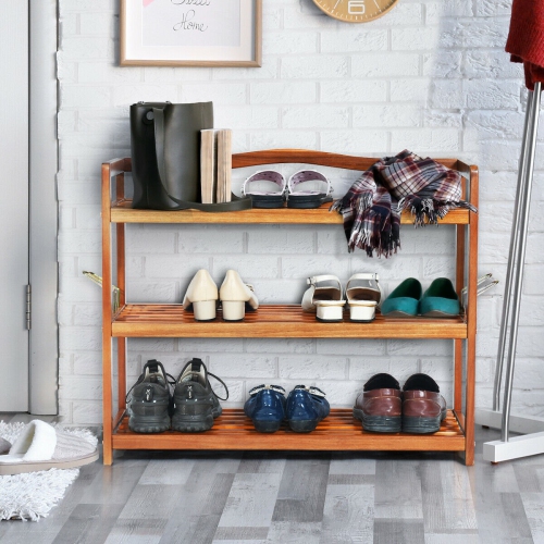 Acacia Wood Shoe Rack with Side Metal Hooks
