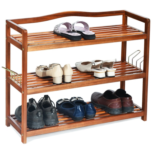 Acacia Wood Shoe Rack with Side Metal Hooks