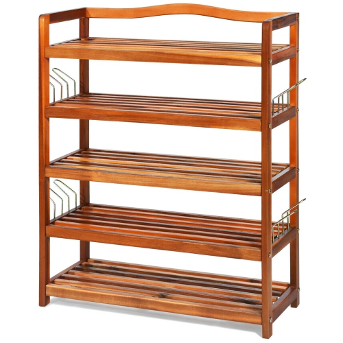 Acacia Wood Shoe Rack with Side Metal Hooks