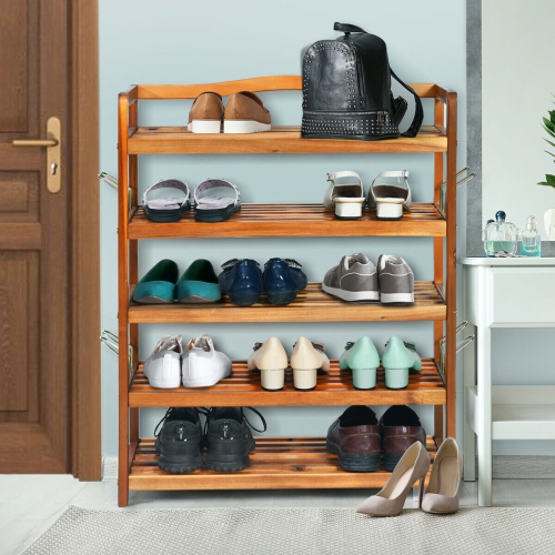 Acacia Wood Shoe Rack with Side Metal Hooks