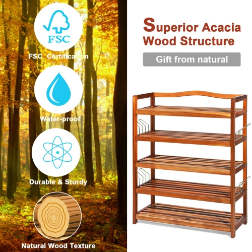 Acacia Wood Shoe Rack with Side Metal Hooks