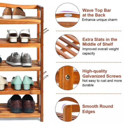 Acacia Wood Shoe Rack with Side Metal Hooks