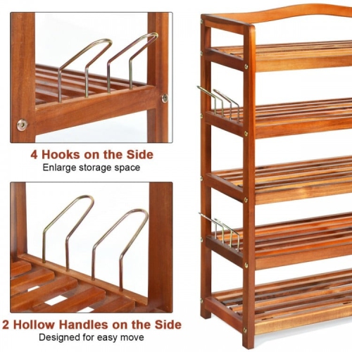 Acacia Wood Shoe Rack with Side Metal Hooks