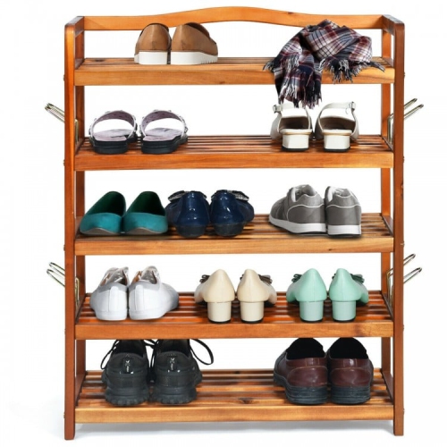 Acacia Wood Shoe Rack with Side Metal Hooks