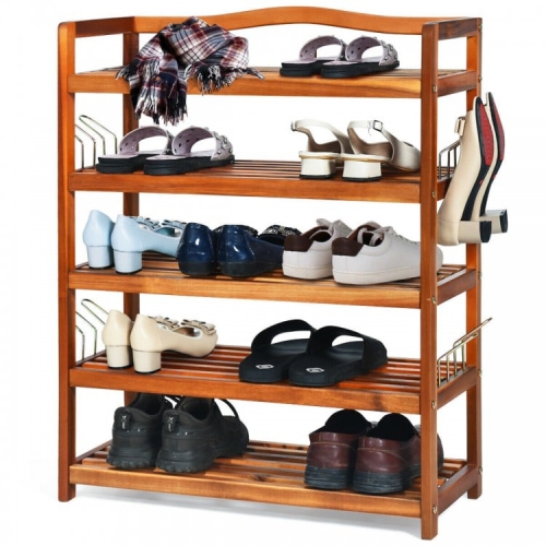 Acacia Wood Shoe Rack with Side Metal Hooks