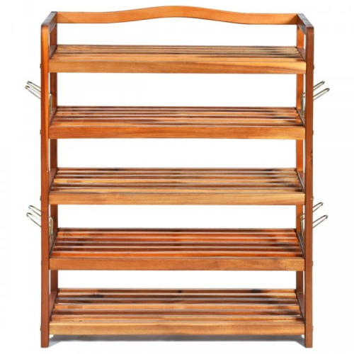 Acacia Wood Shoe Rack with Side Metal Hooks