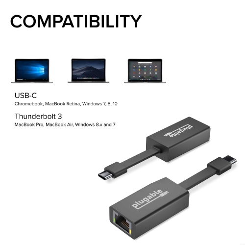 Plugable USB C to Ethernet Adapter, Fast and Reliable Gigabit Speed, Thunderbolt 3 to Ethernet Adapter Compatible with Macbook Pro, Windows, macOS,